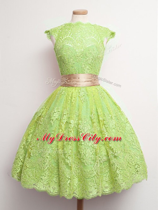 Deluxe Yellow Green Ball Gowns High-neck Cap Sleeves Lace Knee Length Lace Up Belt Wedding Party Dress