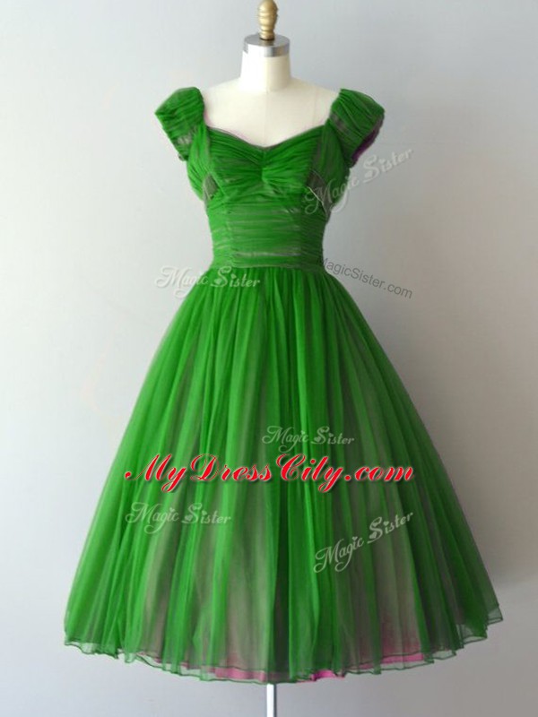 Cap Sleeves Chiffon Knee Length Lace Up Bridesmaid Dress in Green with Ruching