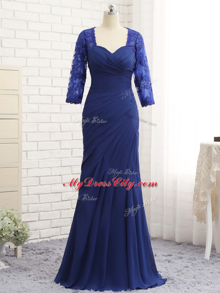 Blue Mother Dresses Prom and Party and Sweet 16 with Beading and Lace and Appliques and Ruching Sweetheart 3 4 Length Sleeve Zipper