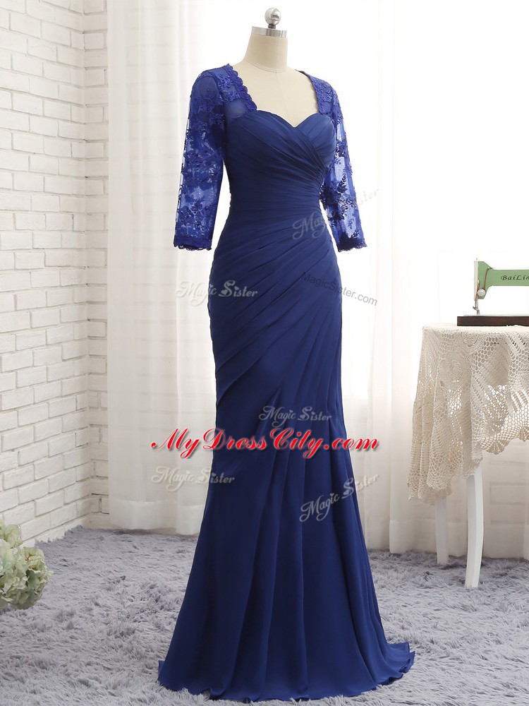 Blue Mother Dresses Prom and Party and Sweet 16 with Beading and Lace and Appliques and Ruching Sweetheart 3 4 Length Sleeve Zipper