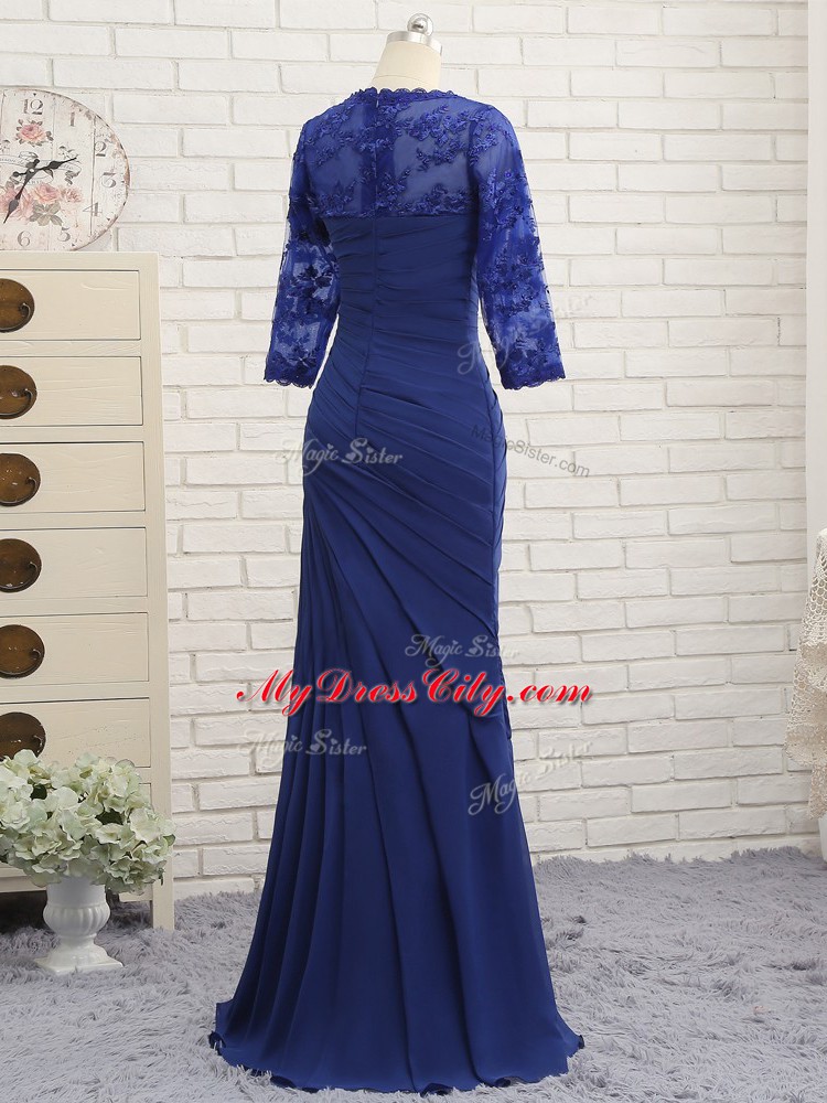 Blue Mother Dresses Prom and Party and Sweet 16 with Beading and Lace and Appliques and Ruching Sweetheart 3 4 Length Sleeve Zipper