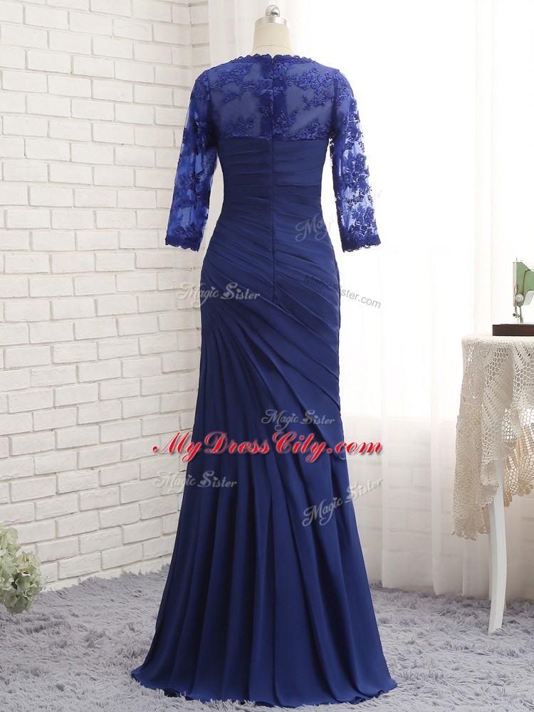 Blue Mother Dresses Prom and Party and Sweet 16 with Beading and Lace and Appliques and Ruching Sweetheart 3 4 Length Sleeve Zipper