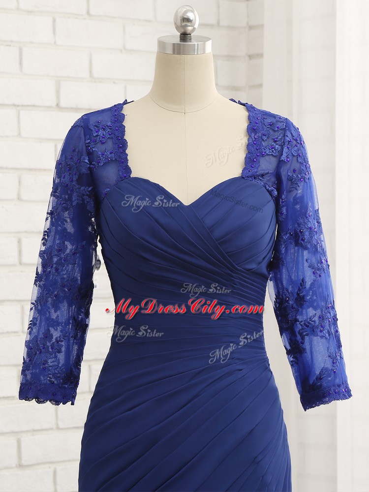 Blue Mother Dresses Prom and Party and Sweet 16 with Beading and Lace and Appliques and Ruching Sweetheart 3 4 Length Sleeve Zipper