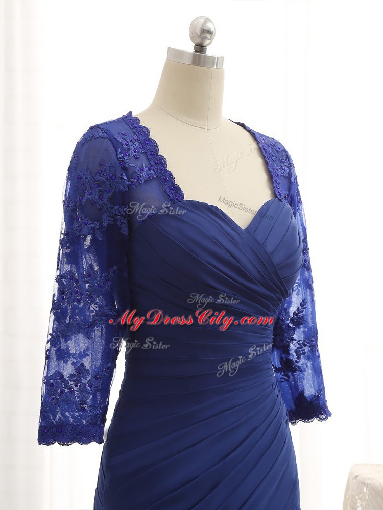 Blue Mother Dresses Prom and Party and Sweet 16 with Beading and Lace and Appliques and Ruching Sweetheart 3 4 Length Sleeve Zipper