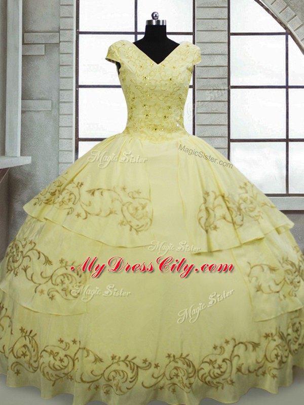 Lace Up Sweet 16 Dress Light Yellow for Military Ball and Sweet 16 and Quinceanera with Beading and Embroidery Brush Train