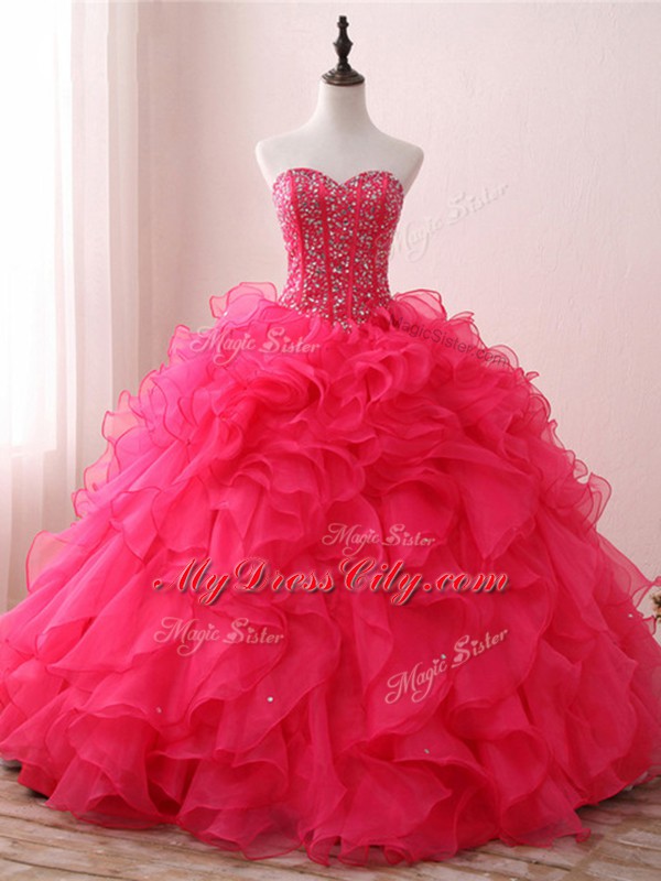 Hot Sale Sweetheart Sleeveless Sweet 16 Quinceanera Dress Floor Length Beading and Ruffles Hot Pink Organza