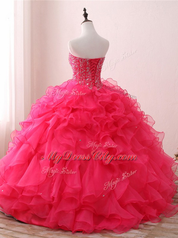 Hot Sale Sweetheart Sleeveless Sweet 16 Quinceanera Dress Floor Length Beading and Ruffles Hot Pink Organza