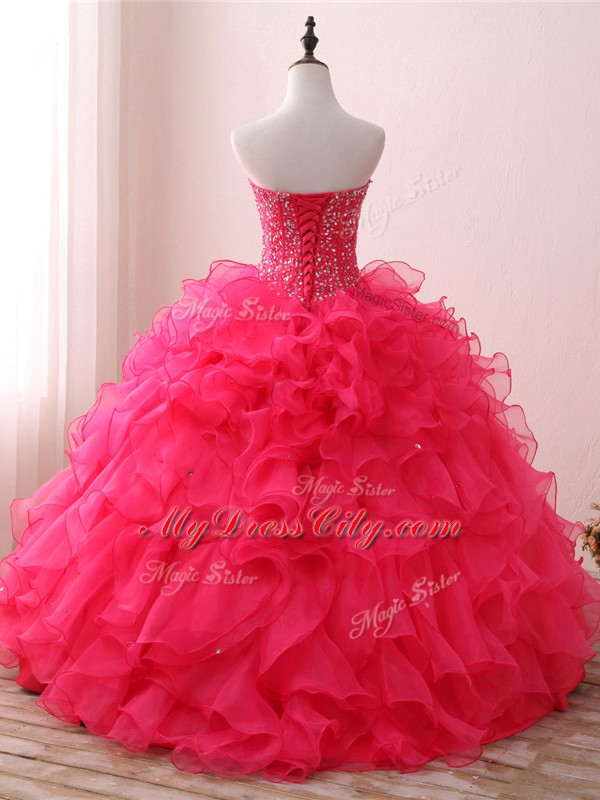 Hot Sale Sweetheart Sleeveless Sweet 16 Quinceanera Dress Floor Length Beading and Ruffles Hot Pink Organza