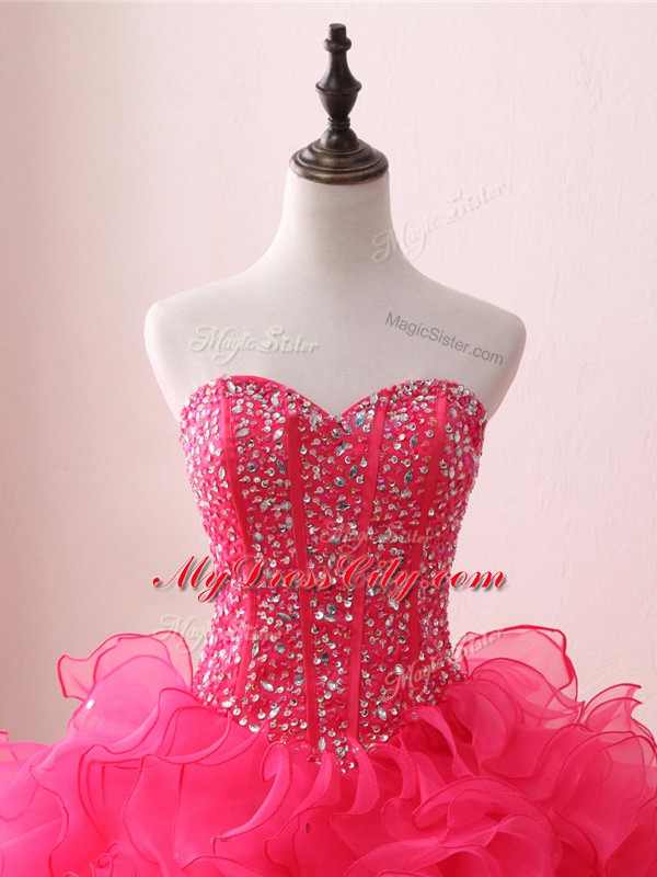 Hot Sale Sweetheart Sleeveless Sweet 16 Quinceanera Dress Floor Length Beading and Ruffles Hot Pink Organza