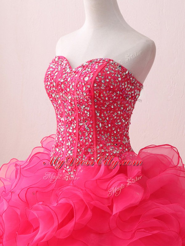 Hot Sale Sweetheart Sleeveless Sweet 16 Quinceanera Dress Floor Length Beading and Ruffles Hot Pink Organza