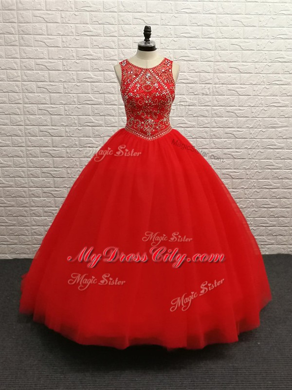 Red Ball Gowns Tulle Scoop Sleeveless Beading Zipper Vestidos de Quinceanera Brush Train