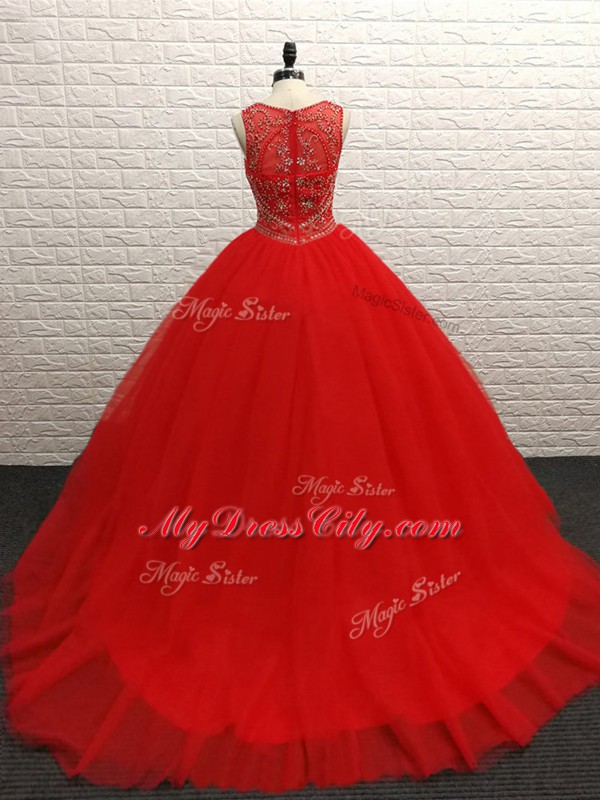 Red Ball Gowns Tulle Scoop Sleeveless Beading Zipper Vestidos de Quinceanera Brush Train