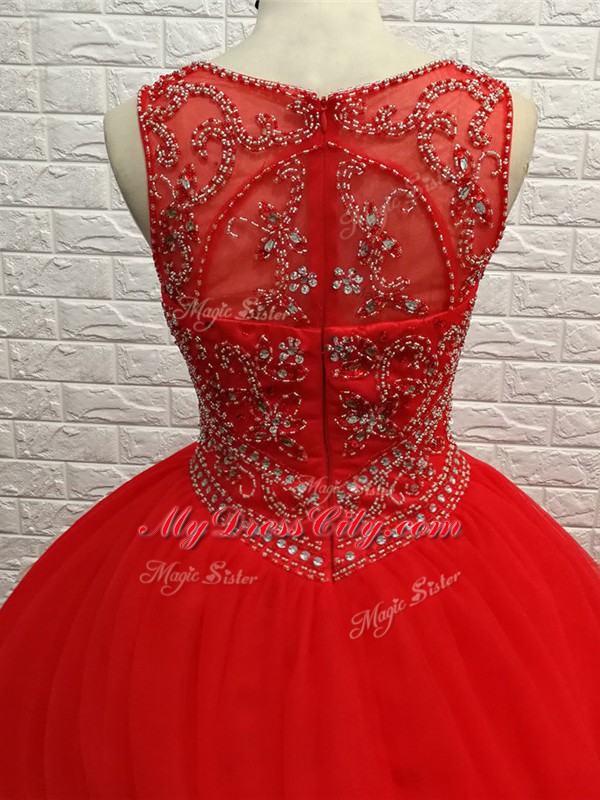 Red Ball Gowns Tulle Scoop Sleeveless Beading Zipper Vestidos de Quinceanera Brush Train