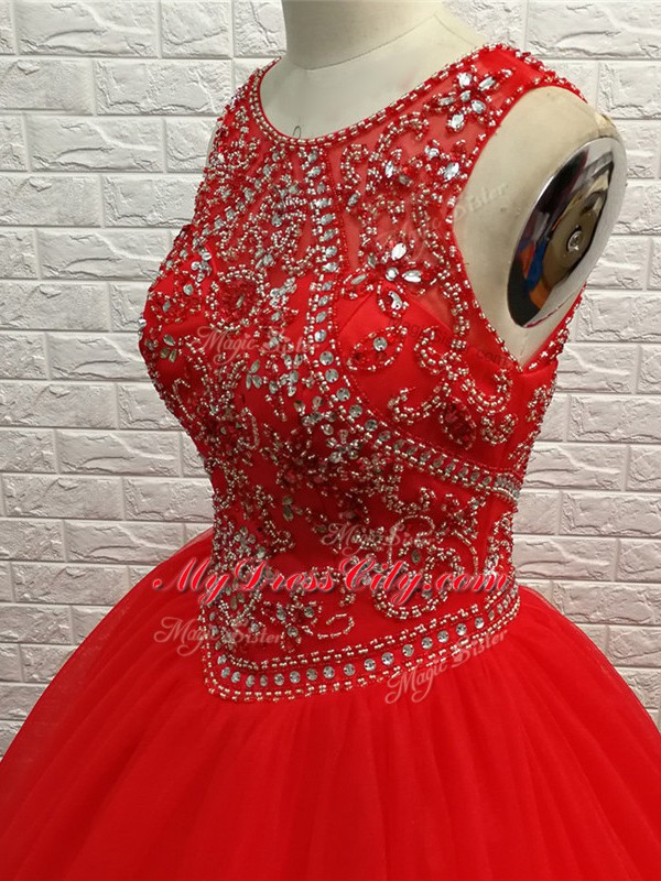 Red Ball Gowns Tulle Scoop Sleeveless Beading Zipper Vestidos de Quinceanera Brush Train