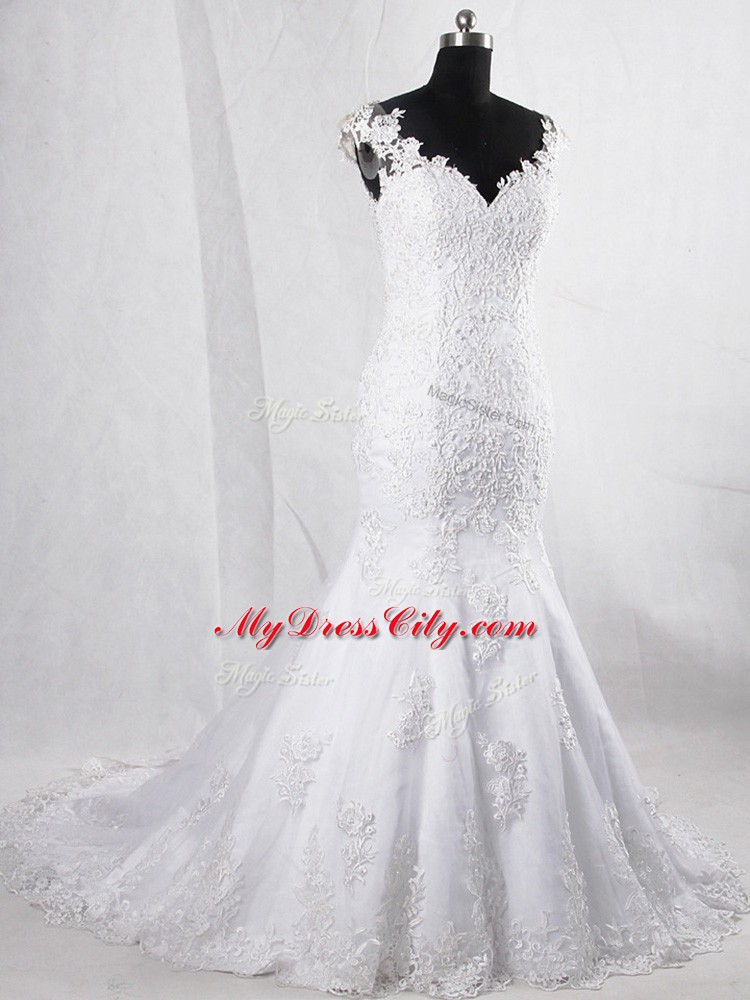 Dazzling White Sleeveless Brush Train Lace Wedding Dress