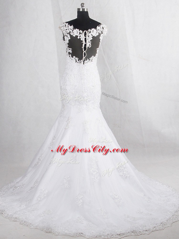 Dazzling White Sleeveless Brush Train Lace Wedding Dress