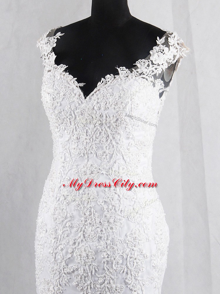 Dazzling White Sleeveless Brush Train Lace Wedding Dress