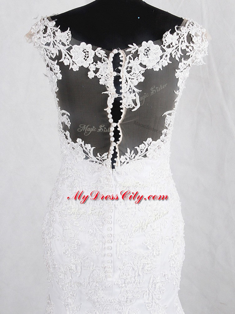 Dazzling White Sleeveless Brush Train Lace Wedding Dress