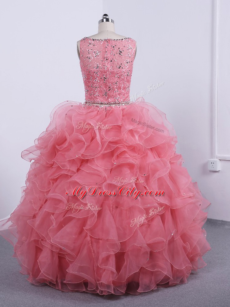 Luxurious Scoop Sleeveless Zipper 15 Quinceanera Dress Watermelon Red Organza