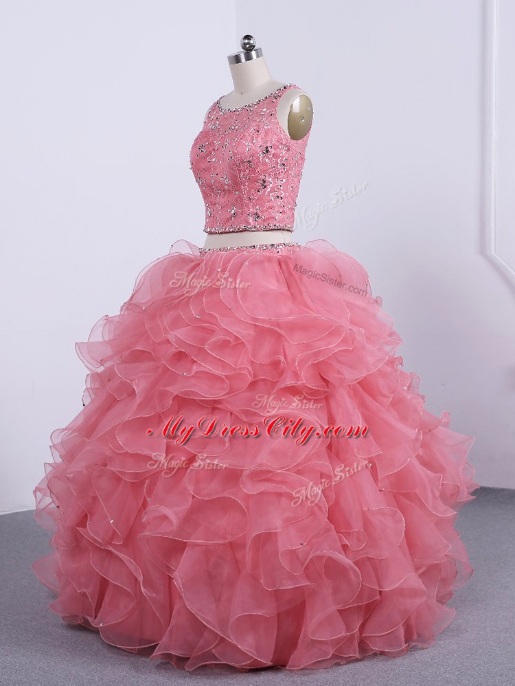 Luxurious Scoop Sleeveless Zipper 15 Quinceanera Dress Watermelon Red Organza