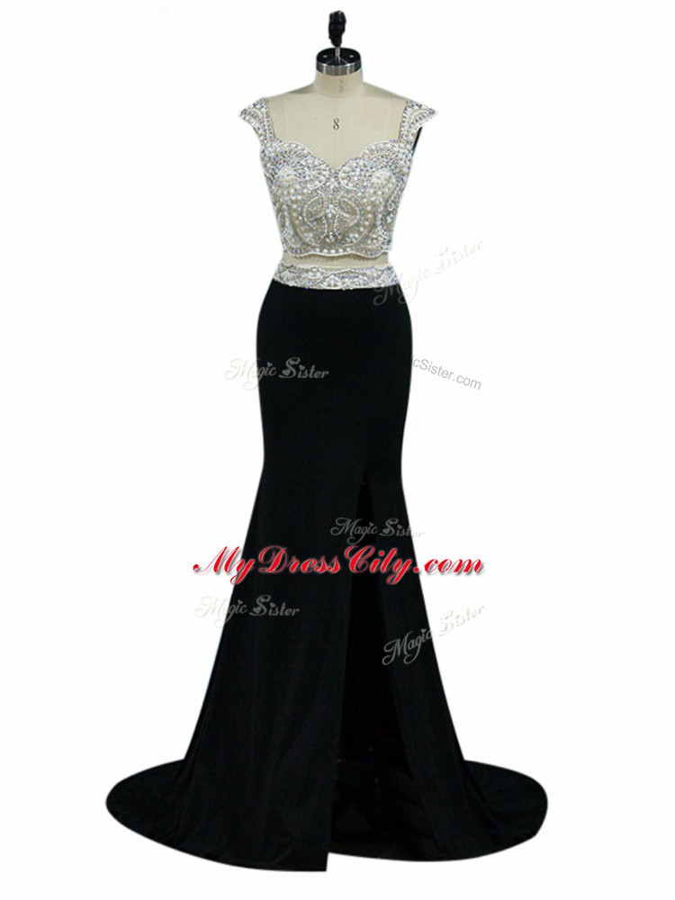 Black Zipper Straps Beading Pageant Dress for Teens Chiffon Cap Sleeves