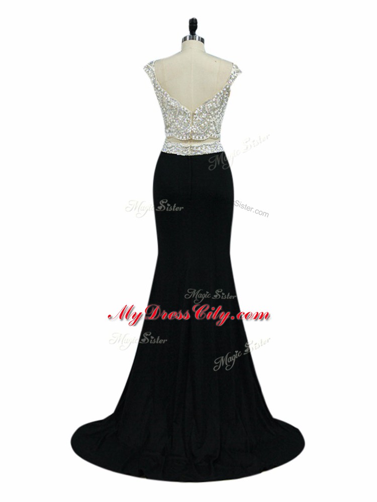 Black Zipper Straps Beading Pageant Dress for Teens Chiffon Cap Sleeves