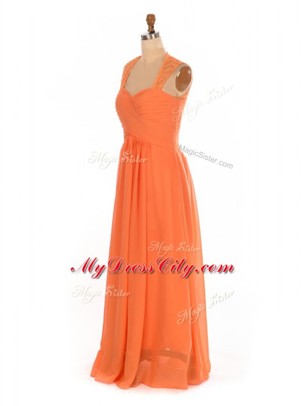 Orange Red Lace Up Straps Lace Quinceanera Court of Honor Dress Chiffon Sleeveless