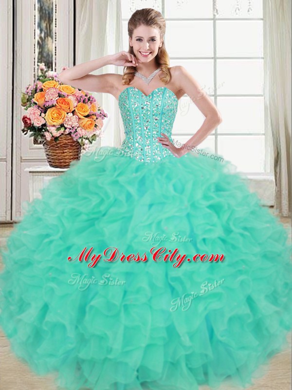 High Quality Turquoise Lace Up Sweet 16 Quinceanera Dress Beading and Ruffles Sleeveless Floor Length