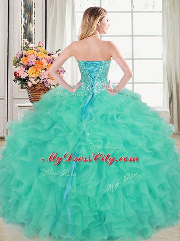 High Quality Turquoise Lace Up Sweet 16 Quinceanera Dress Beading and Ruffles Sleeveless Floor Length