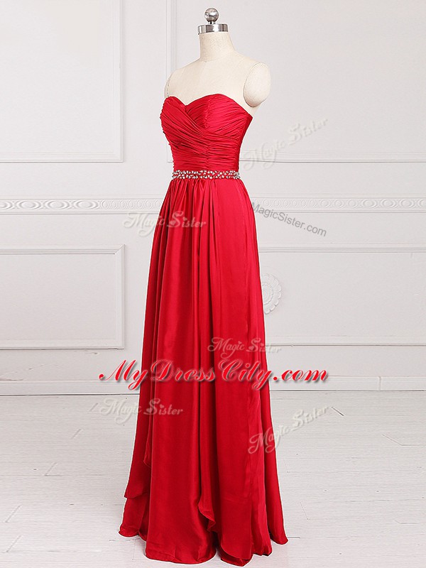 Red Empire Sweetheart Sleeveless Taffeta Floor Length Zipper Beading and Belt Court Dresses for Sweet 16