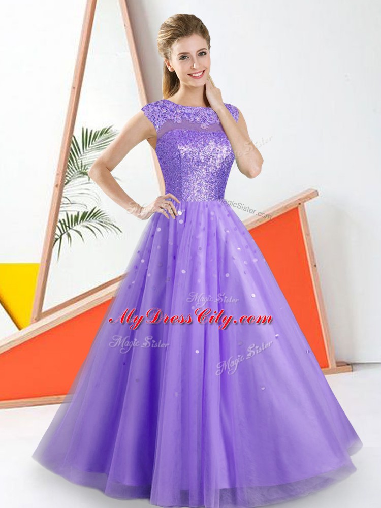 Low Price Lavender Sleeveless Floor Length Beading and Lace Backless Dama Dress for Quinceanera