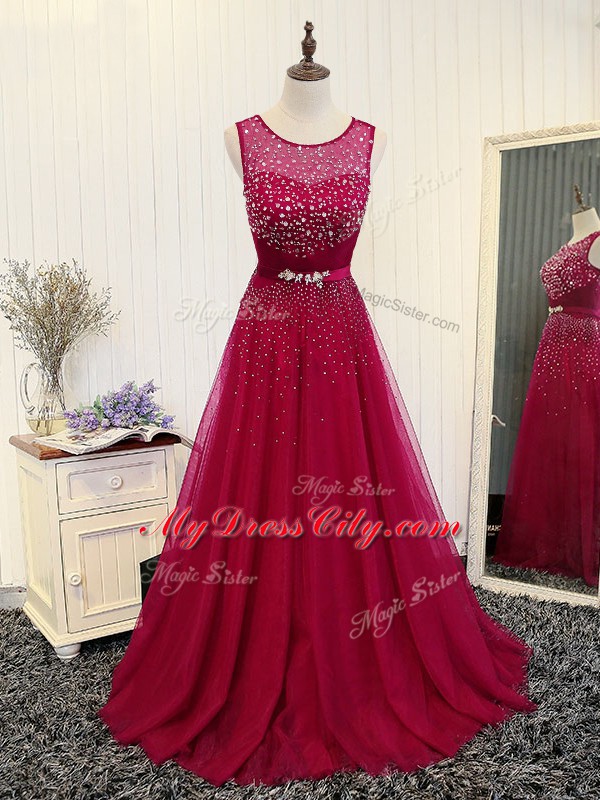 Super Sleeveless Tulle Brush Train Zipper Prom Party Dress in Fuchsia with Beading and Belt