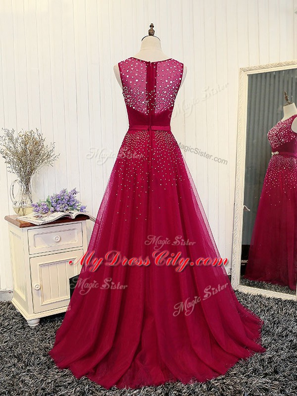 Super Sleeveless Tulle Brush Train Zipper Prom Party Dress in Fuchsia with Beading and Belt