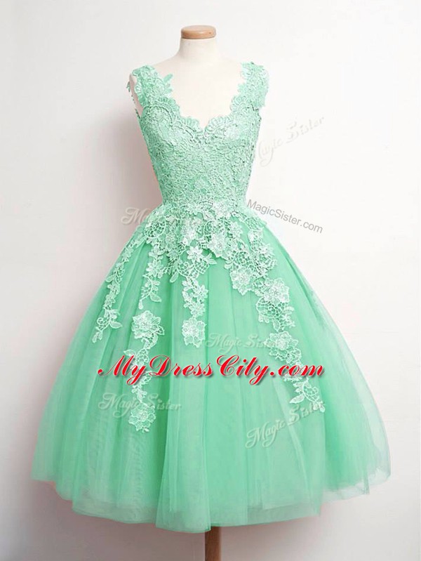 High Class Knee Length A-line Sleeveless Apple Green Bridesmaid Dresses Lace Up