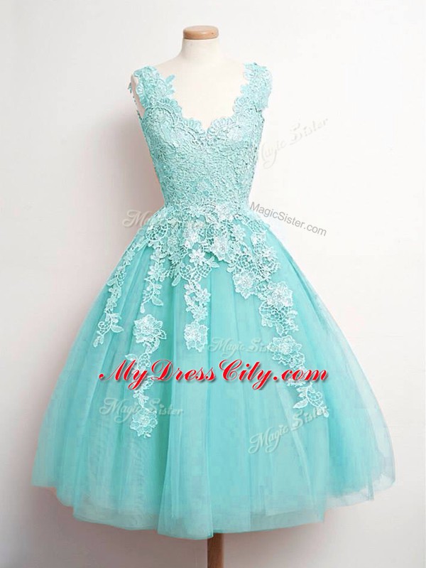 Tulle V-neck Sleeveless Lace Up Lace Vestidos de Damas in Aqua Blue