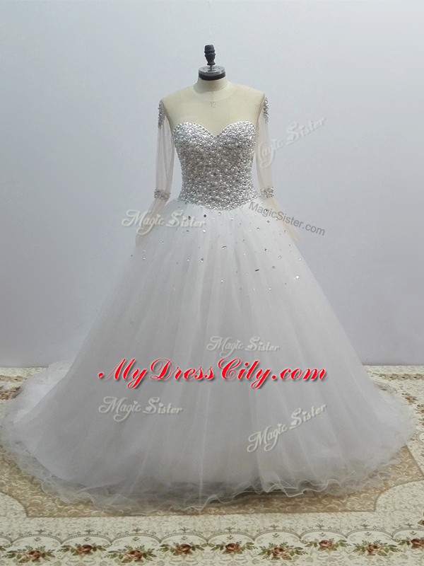 Sumptuous White Wedding Gowns Tulle Brush Train Long Sleeves Beading