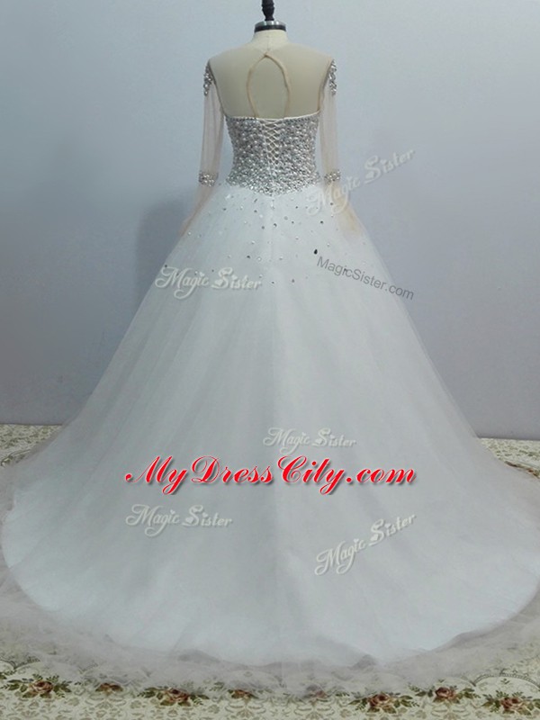 Sumptuous White Wedding Gowns Tulle Brush Train Long Sleeves Beading