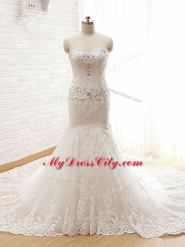 Lace Up Bridal Gown White for Beach and Wedding Party with Beading and Lace and Appliques Court Train