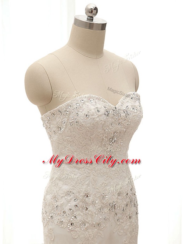 Lace Up Bridal Gown White for Beach and Wedding Party with Beading and Lace and Appliques Court Train