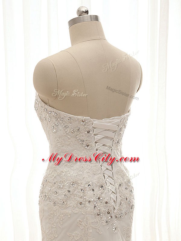 Lace Up Bridal Gown White for Beach and Wedding Party with Beading and Lace and Appliques Court Train