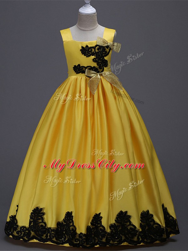 Appliques and Bowknot Flower Girl Dresses Yellow Zipper Sleeveless Floor Length