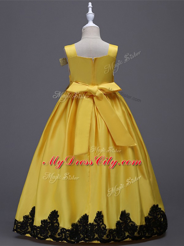 Appliques and Bowknot Flower Girl Dresses Yellow Zipper Sleeveless Floor Length