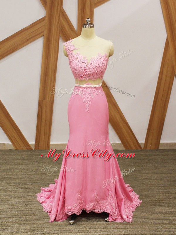 Customized Beading and Lace and Appliques Celebrity Prom Dress Baby Pink Zipper Sleeveless Brush Train