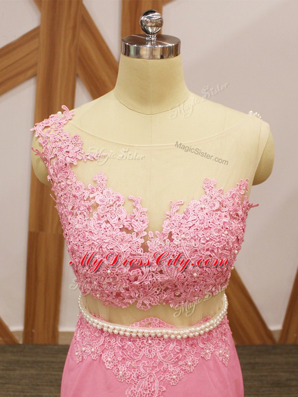 Customized Beading and Lace and Appliques Celebrity Prom Dress Baby Pink Zipper Sleeveless Brush Train