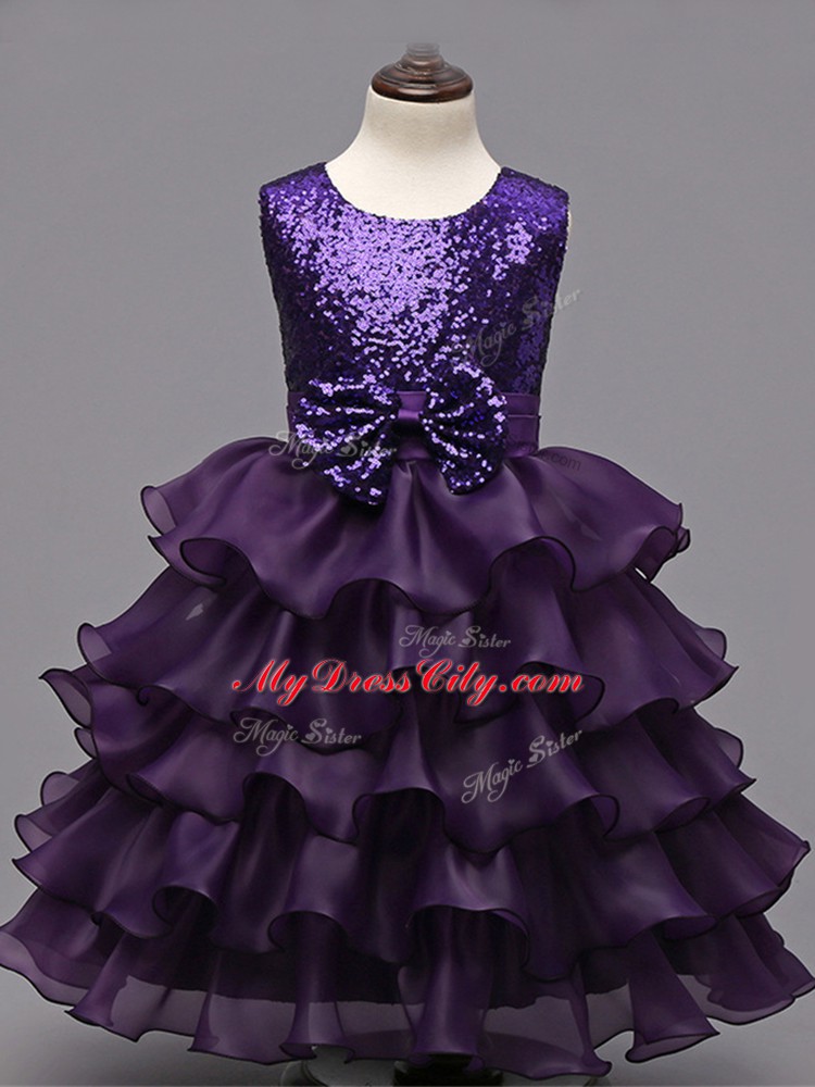 Dark Purple Organza Zipper Pageant Gowns For Girls Sleeveless Tea Length Ruffled Layers and Sequins