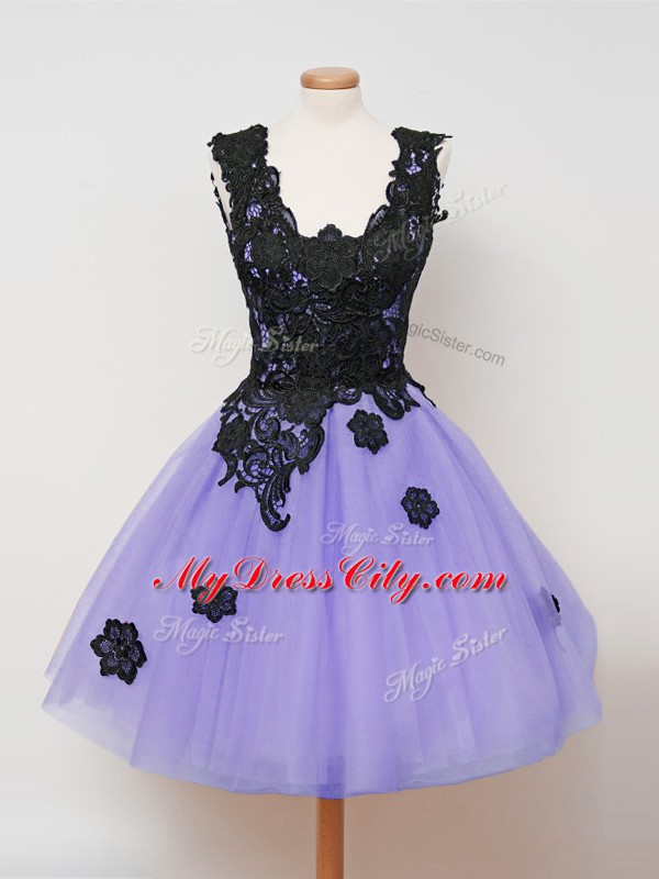 Nice Lavender Straps Neckline Lace Dama Dress Sleeveless Zipper