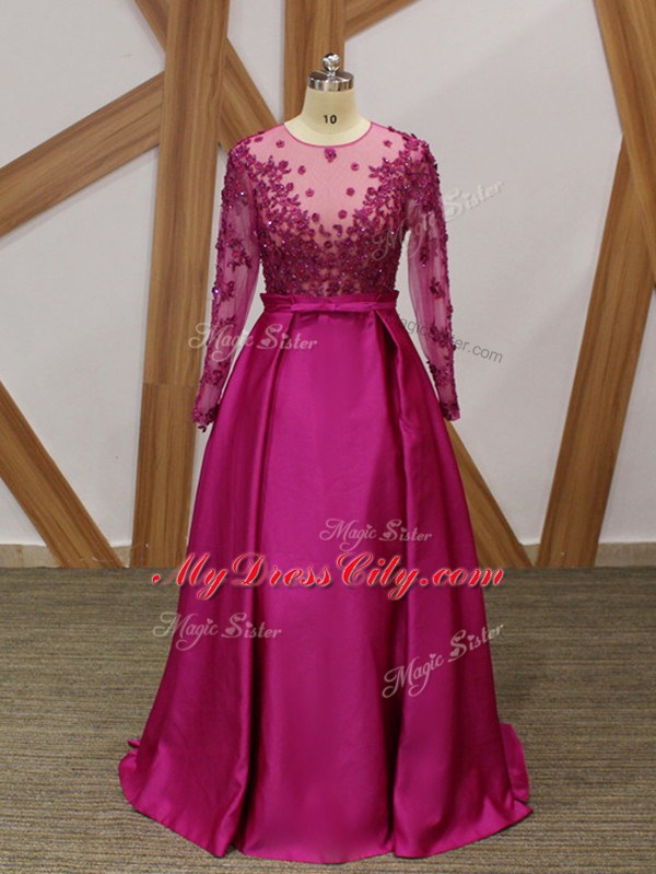 Long Sleeves Floor Length Beading and Appliques and Belt Zipper Mother of the Bride Dress with Fuchsia