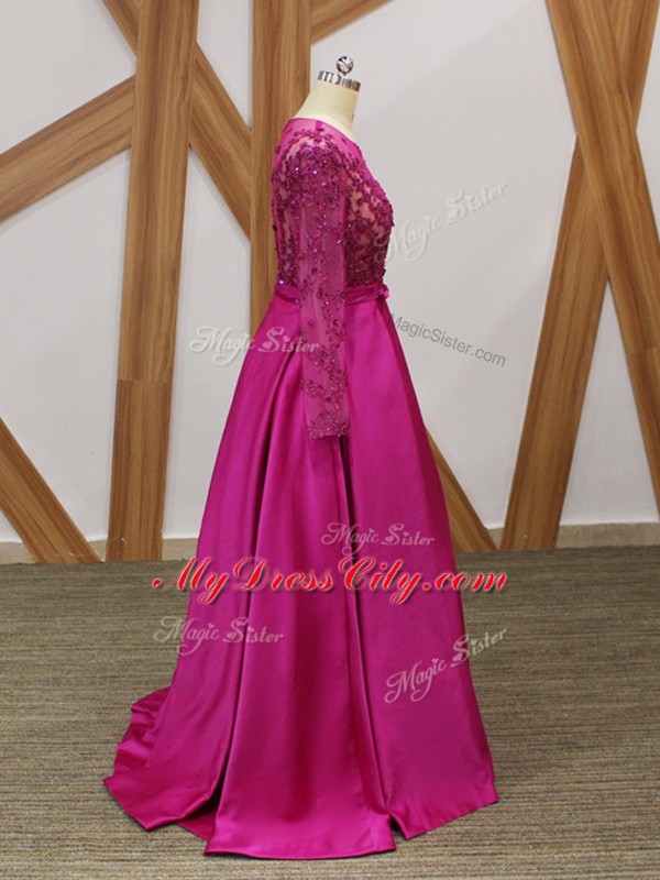 Long Sleeves Floor Length Beading and Appliques and Belt Zipper Mother of the Bride Dress with Fuchsia