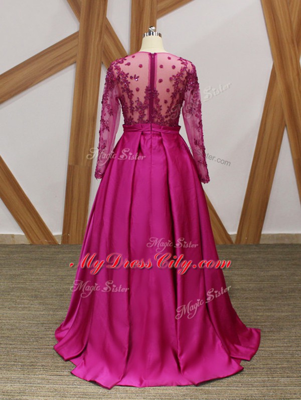 Long Sleeves Floor Length Beading and Appliques and Belt Zipper Mother of the Bride Dress with Fuchsia