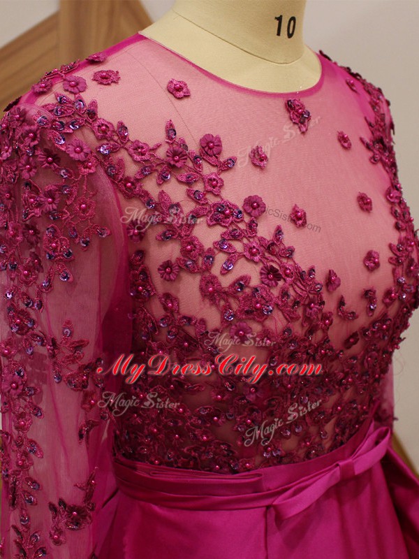 Long Sleeves Floor Length Beading and Appliques and Belt Zipper Mother of the Bride Dress with Fuchsia